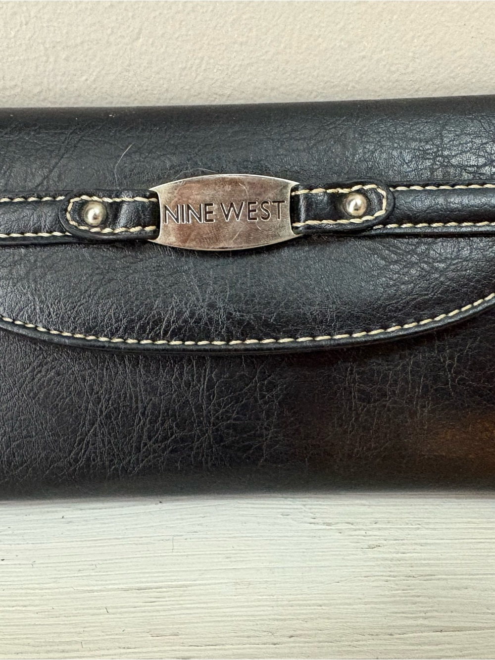 Nine West Black Leather Key & Card Holder with Silver Plate